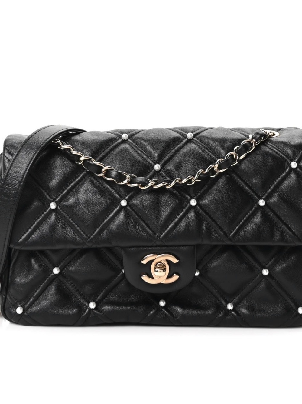 CHANEL Black Quilted Shoulder Bag with Pearl Studs and Gold Chain